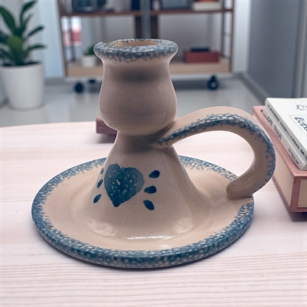 VTG Hermitage Pottery Country Kitchen Candleholder Heart & Spongewear 3.75” Tall
